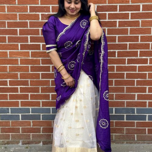Handworked Vichithra Silk Dhavani Set - Purple