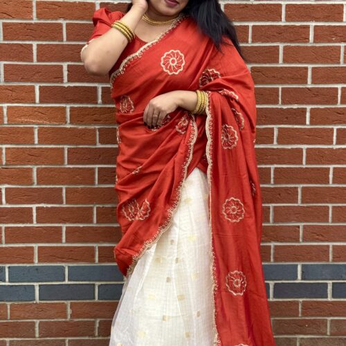 Handworked Vichithra Silk Dhavani Set - Brick Red