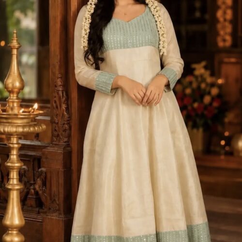 Golden Tissue Pastel Green Handwork Kurthi