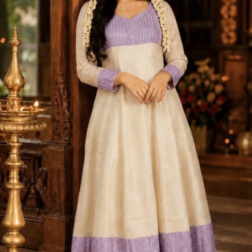 Golden Tissue Lavender Handwork Kurthi