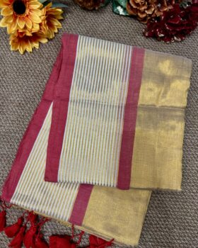 MulMul Tissue Golden Saree - Red