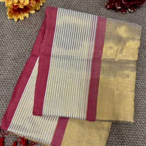 MulMul Tissue Golden Saree - Red
