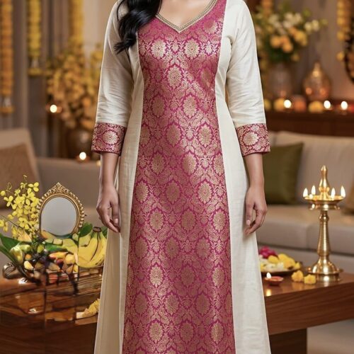 Golden Tissue Pink Brocade Kurthi