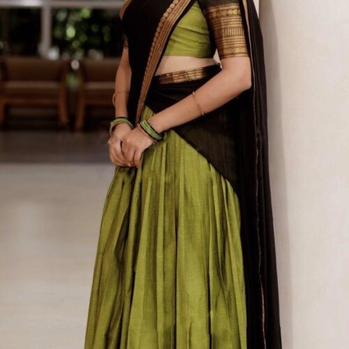 Kanchi Semi- Cotton Silk dhavani Set - Olive green & black