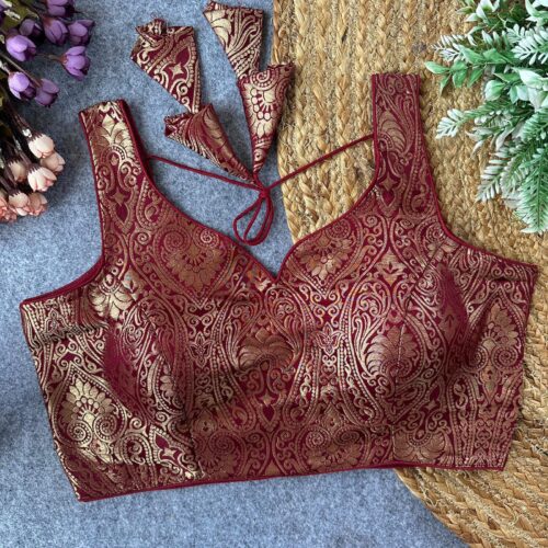Sleeveless Brocade Silk Blouse -Maroon