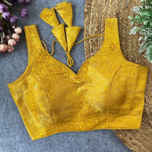 Sleeveless Brocade Silk Blouse - Yellow