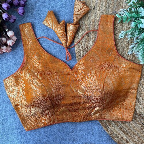 Sleeveless Brocade Silk Blouse - Rust Orange