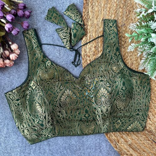 Sleeveless Brocade Silk Blouse -Green