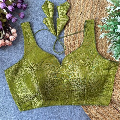 Sleeveless Brocade Silk Blouse - Olive Green
