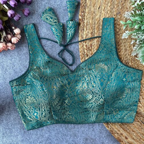 Sleeveless Brocade Silk Blouse - Teal Blue