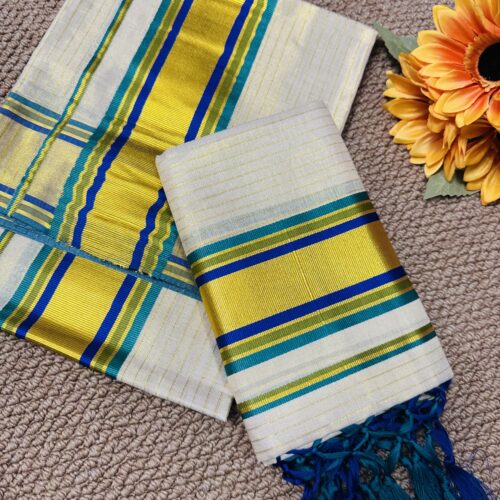 Golden Tissue - Set Mundu Blue Green
