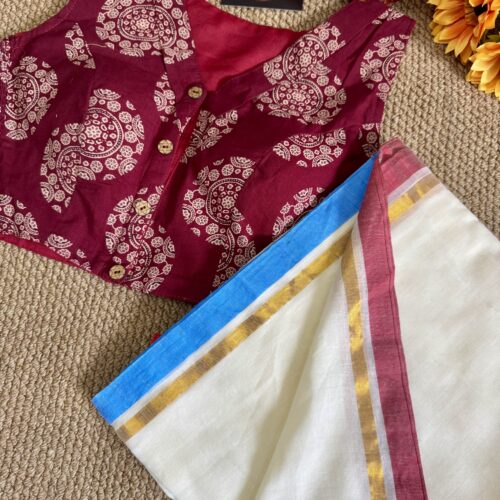 MulMul Cotton Saree with Strechable Blouse - Maroon Red