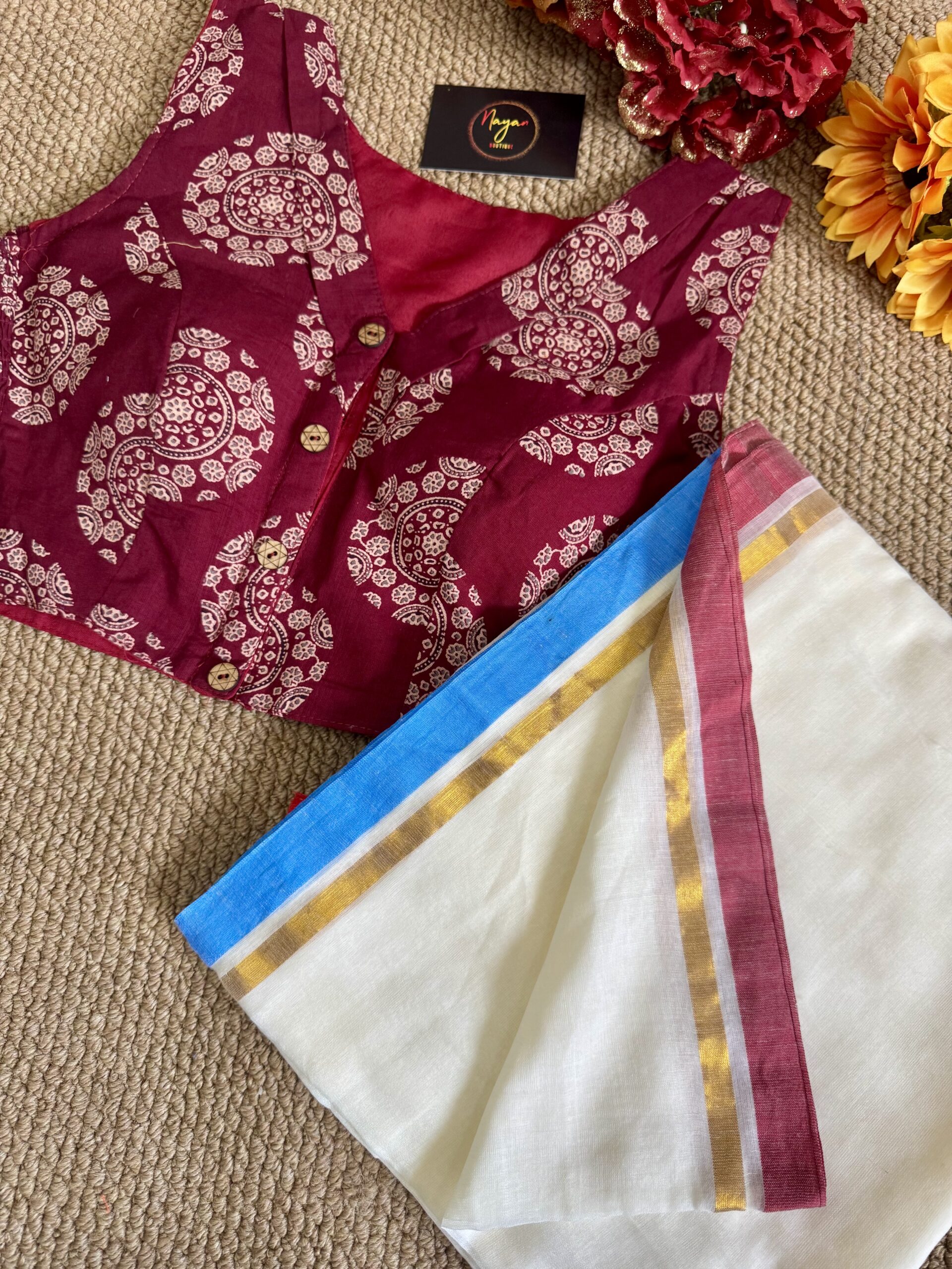 MulMul Cotton Saree with Strechable Blouse - Maroon Red