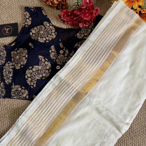 MulMul Cotton Saree with Strechable Blouse - Black