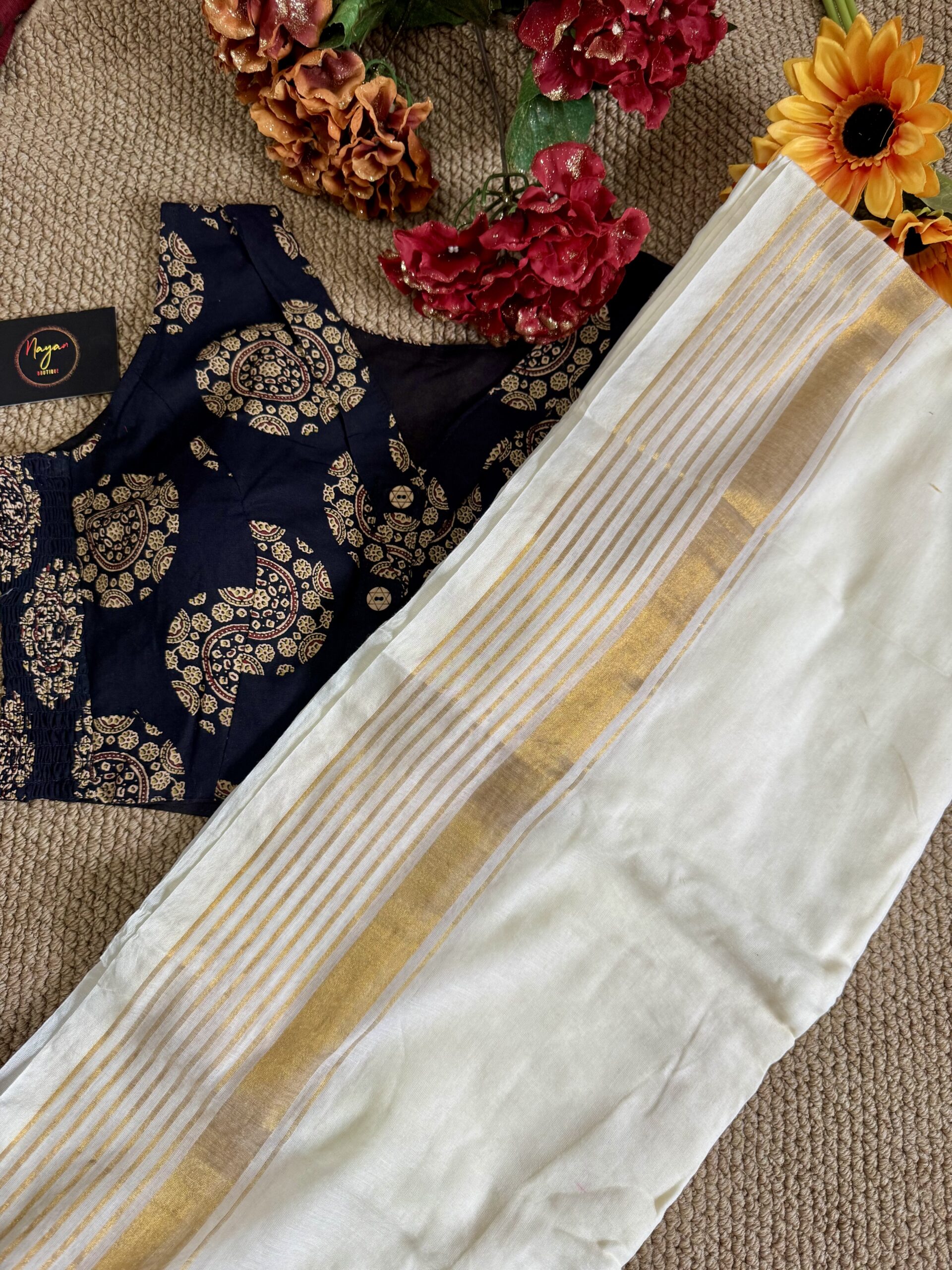 MulMul Cotton Saree with Strechable Blouse - Black