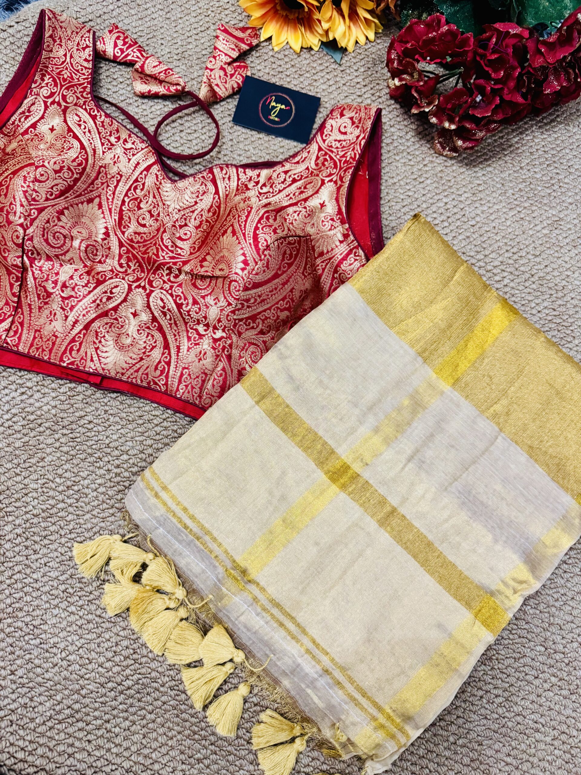MulMul Golden Cotton Saree with Silk Stitched Blouse- Maroon