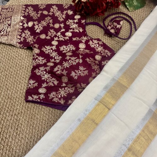 MulMul Cotton Saree with Dola Silk Stitched Blouse- Wine