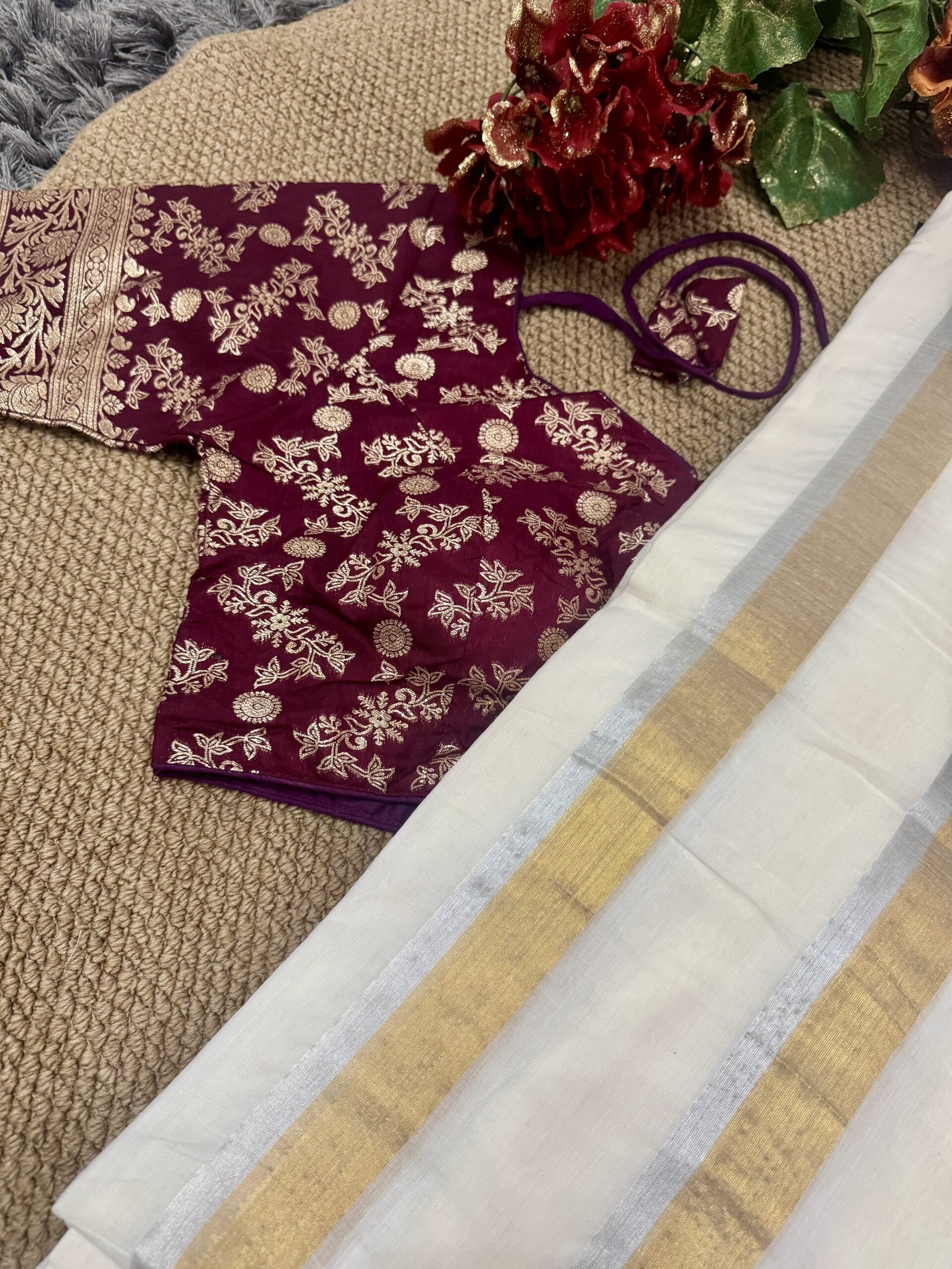 MulMul Cotton Saree with Dola Silk Stitched Blouse- Wine
