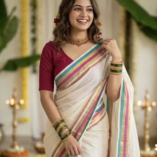 MulMul Cotton Saree with Strechable Blouse - Pink
