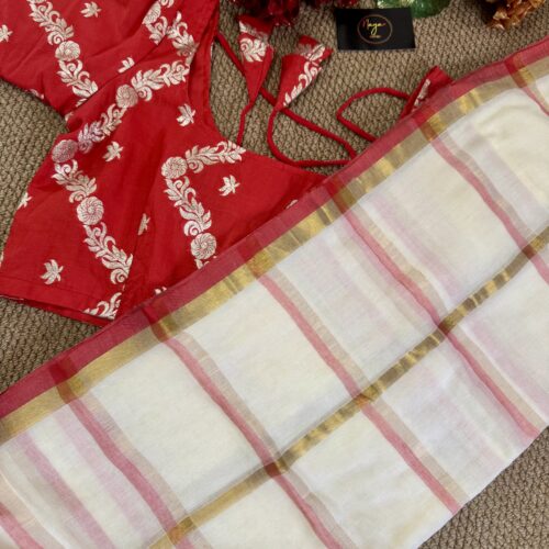 MulMul Cotton Saree with Silk Stitched Blouse- Red