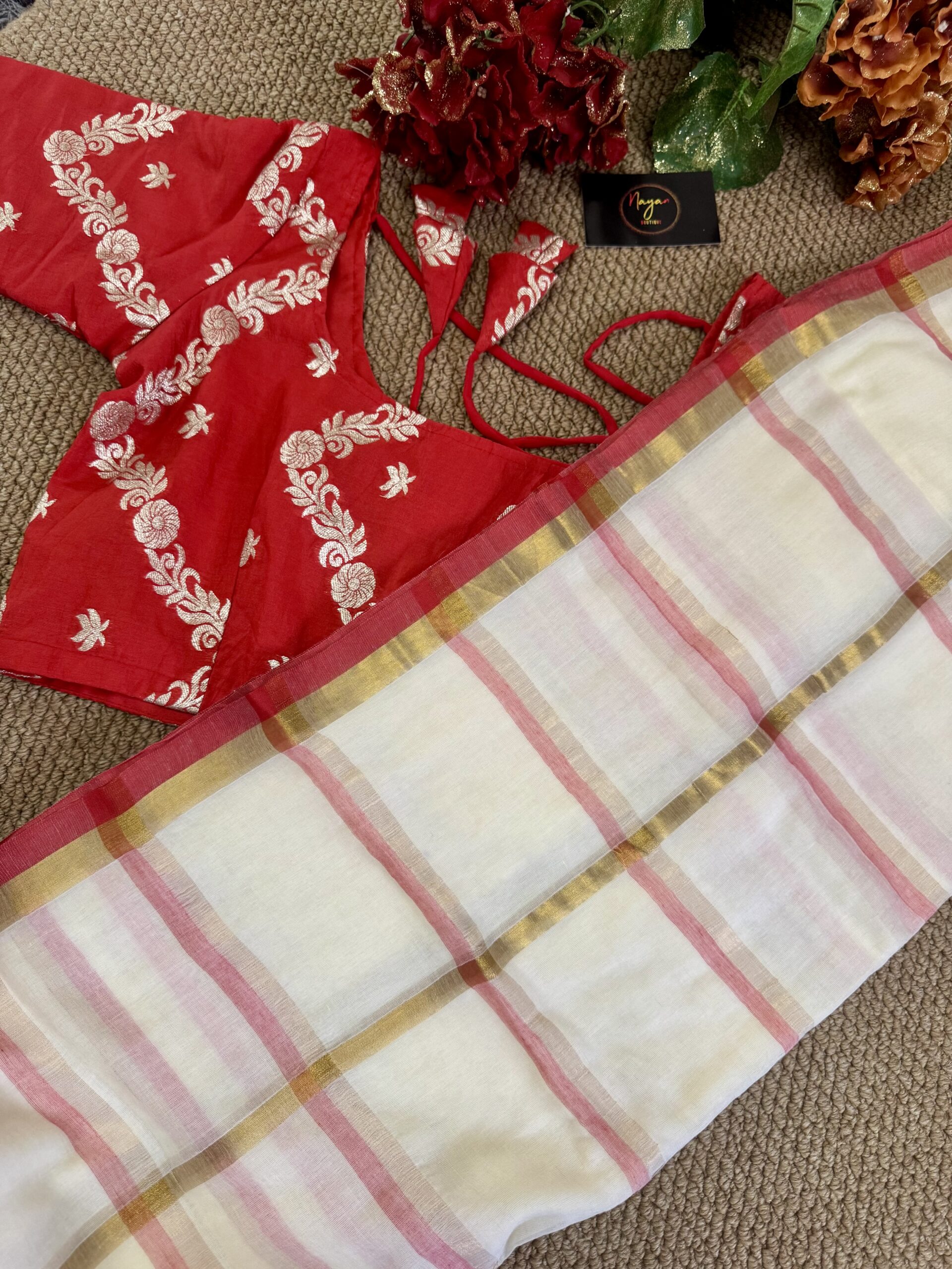 MulMul Cotton Saree with Silk Stitched Blouse- Red