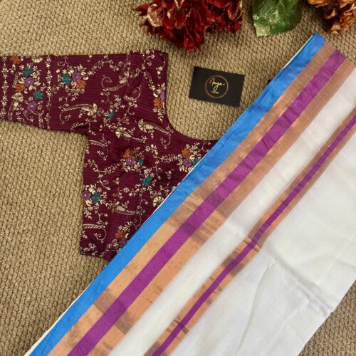 MulMul Cotton Saree with Strechable Blouse - Purple