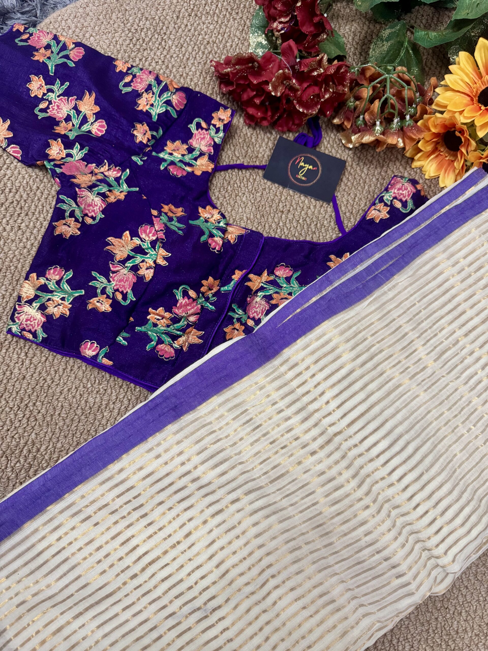 MulMul Cotton Saree with Vichithra Silk Stitched Blouse- Purple
