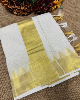 Ready to Wear Tissue Set Saree Temple Design with Gold Stripe