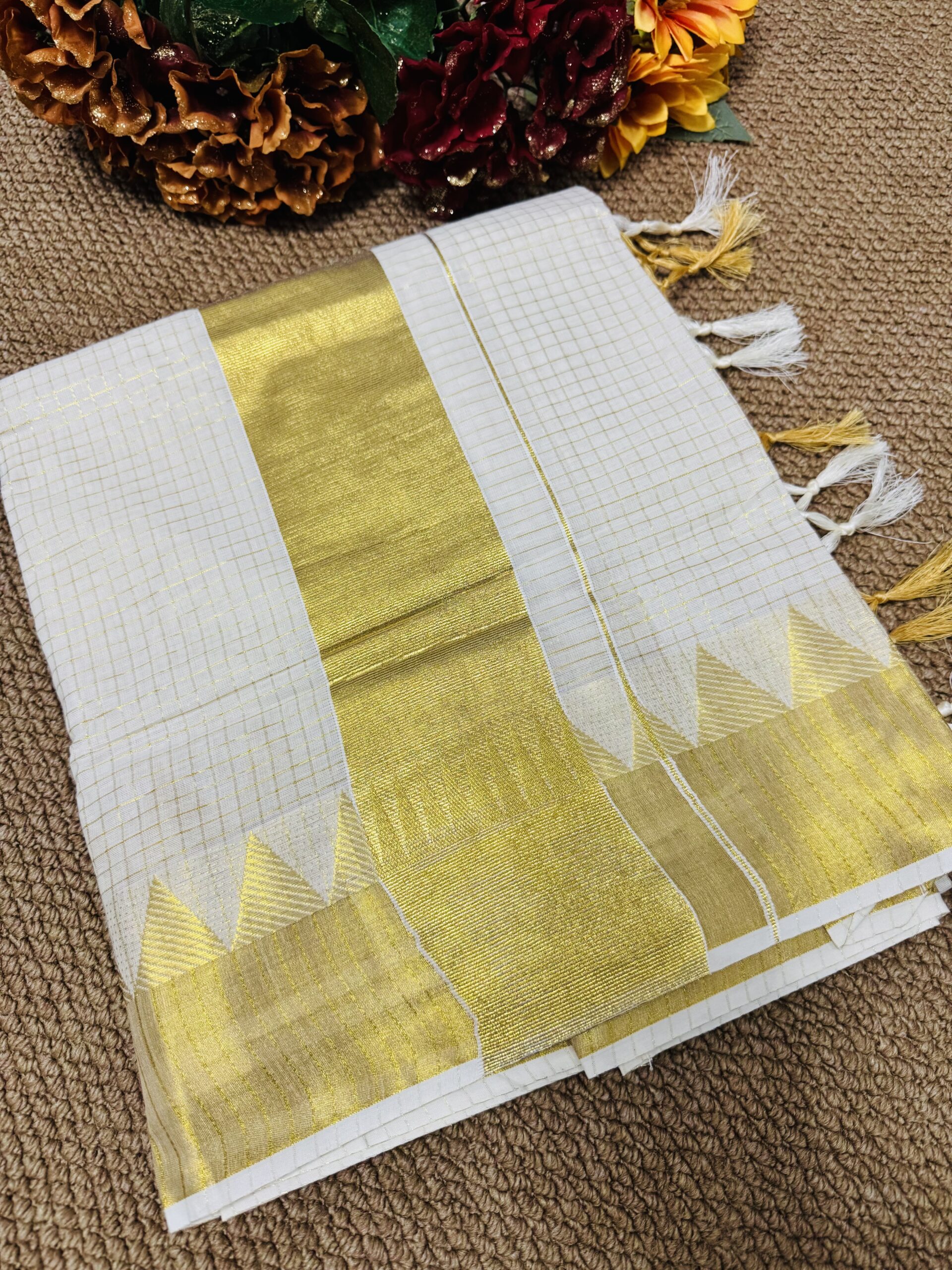 Ready to Wear Tissue Set Saree Temple Design with Gold Stripe