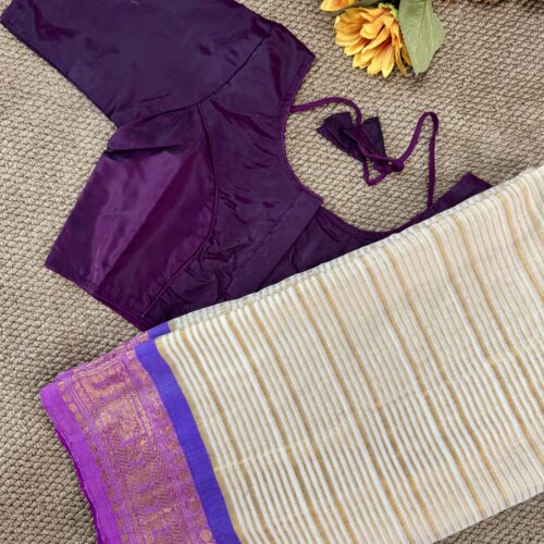 MulMul Cotton Saree - Vibrant PURPLE with stitched blouse