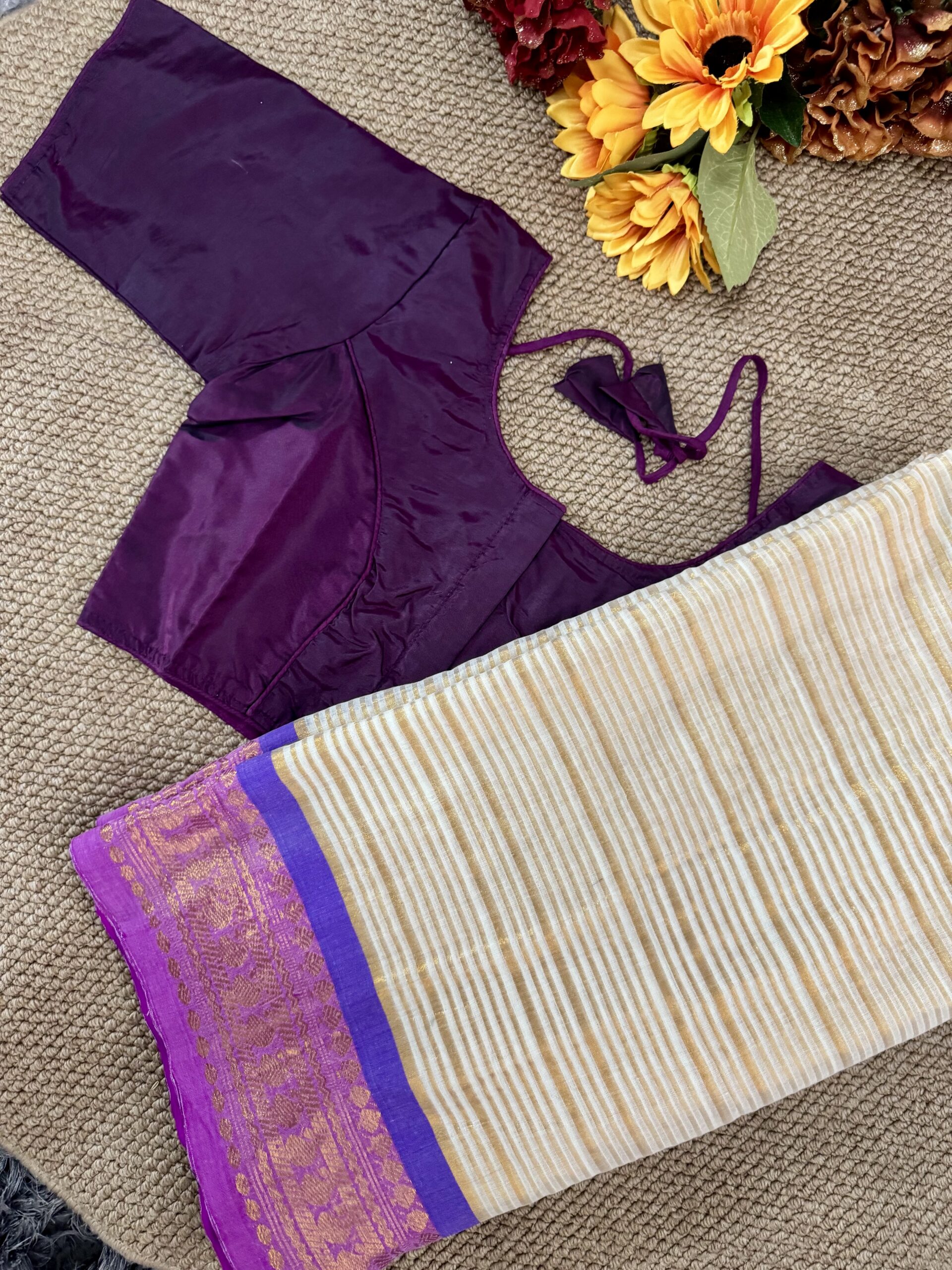 MulMul Cotton Saree - Vibrant PURPLE with stitched blouse