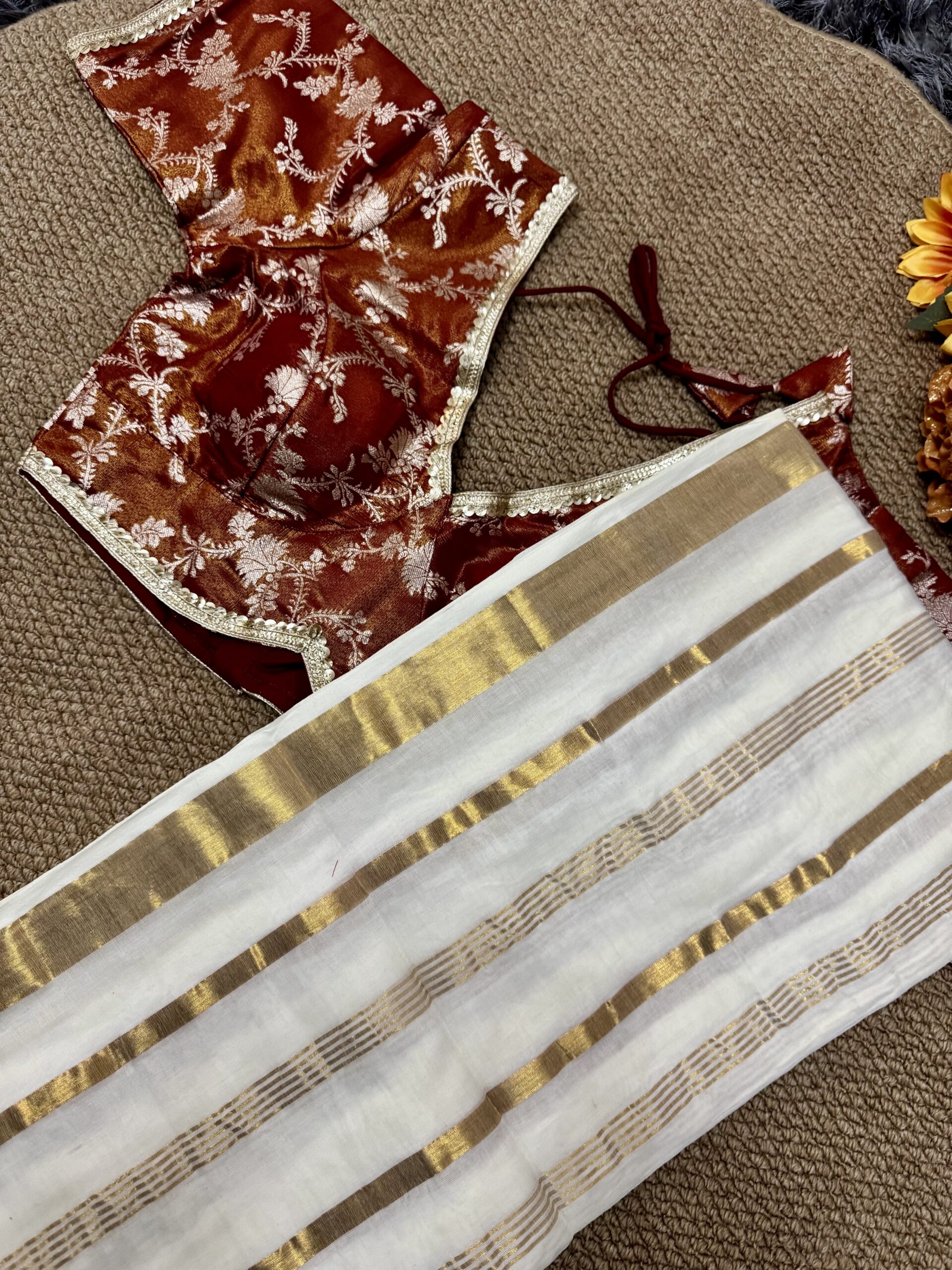 MulMul Cotton Saree with Dola Silk Stitched Blouse