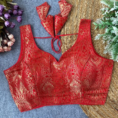 Sleeveless Brocade Silk Blouse -Red