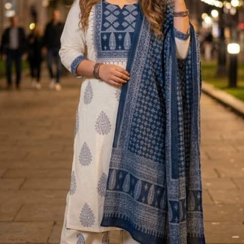 Cotton Indigo Block Print Salwar Set - Plus Size