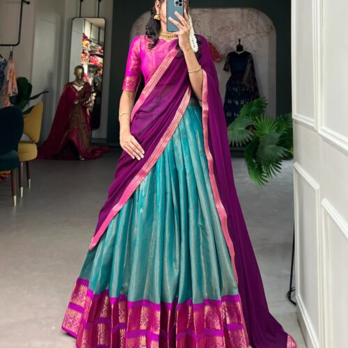 Silk Dhavani - Aqua Blue & Pink