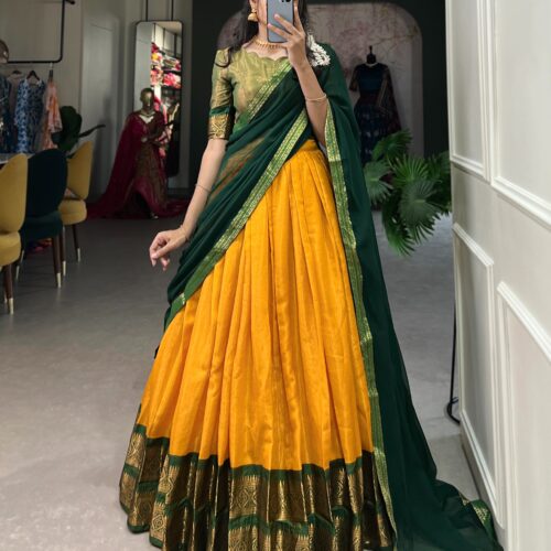 Silk Dhavani - Green & Yellow