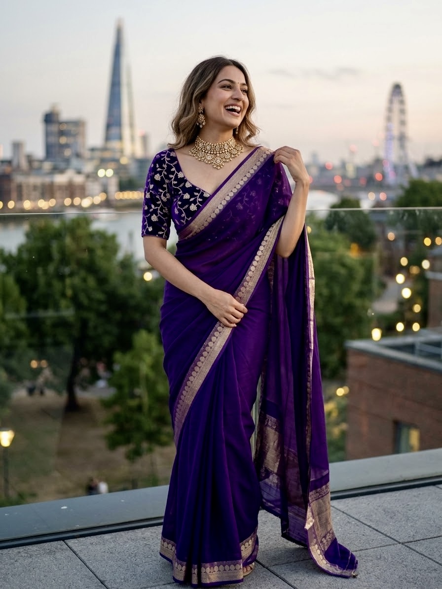 Vibrant Chinnon  Saree - With Designer Blouse