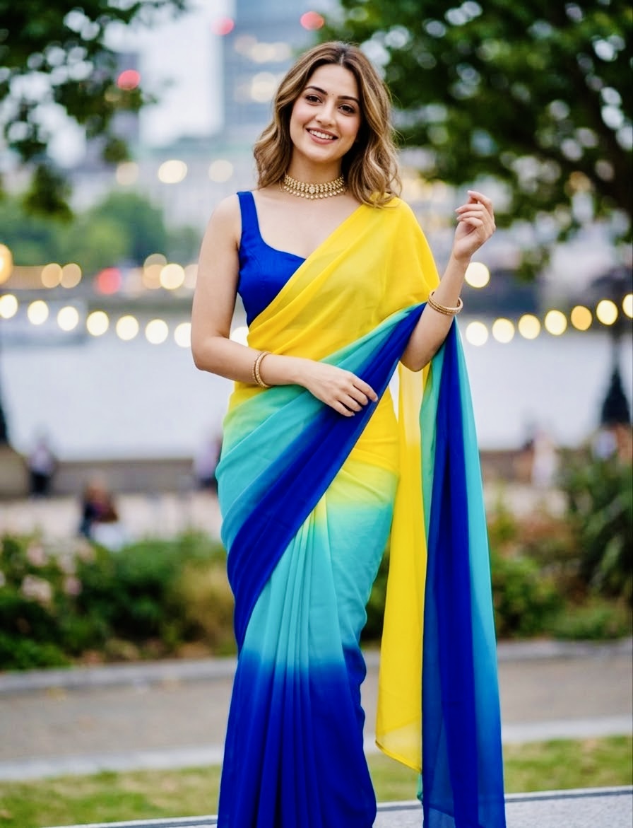 Vibrant Bollywood Georgette Saree - With Sleeveless Blouse