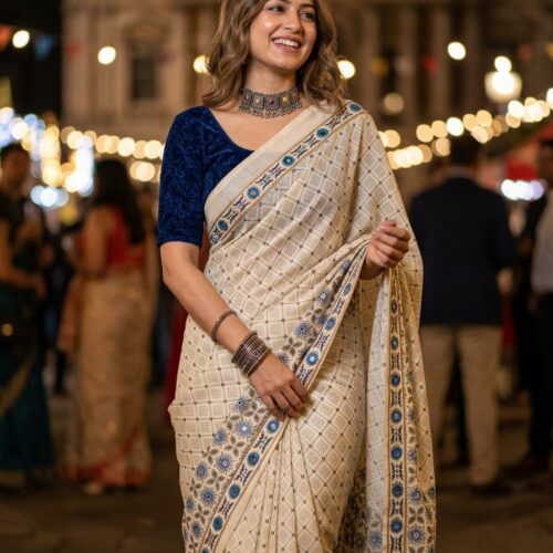 Navy Blue Mirror Ajrakh Print Modal Saree