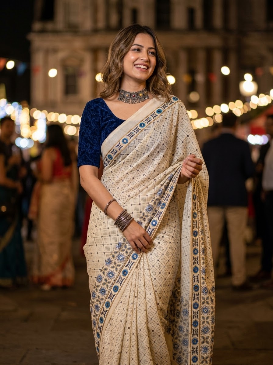 Navy Blue Mirror Ajrakh Print Modal Saree