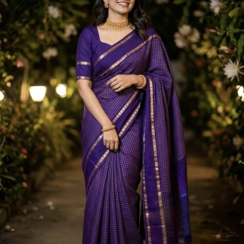 Arani Checkd Cotton Silk Saree with stitched blouse