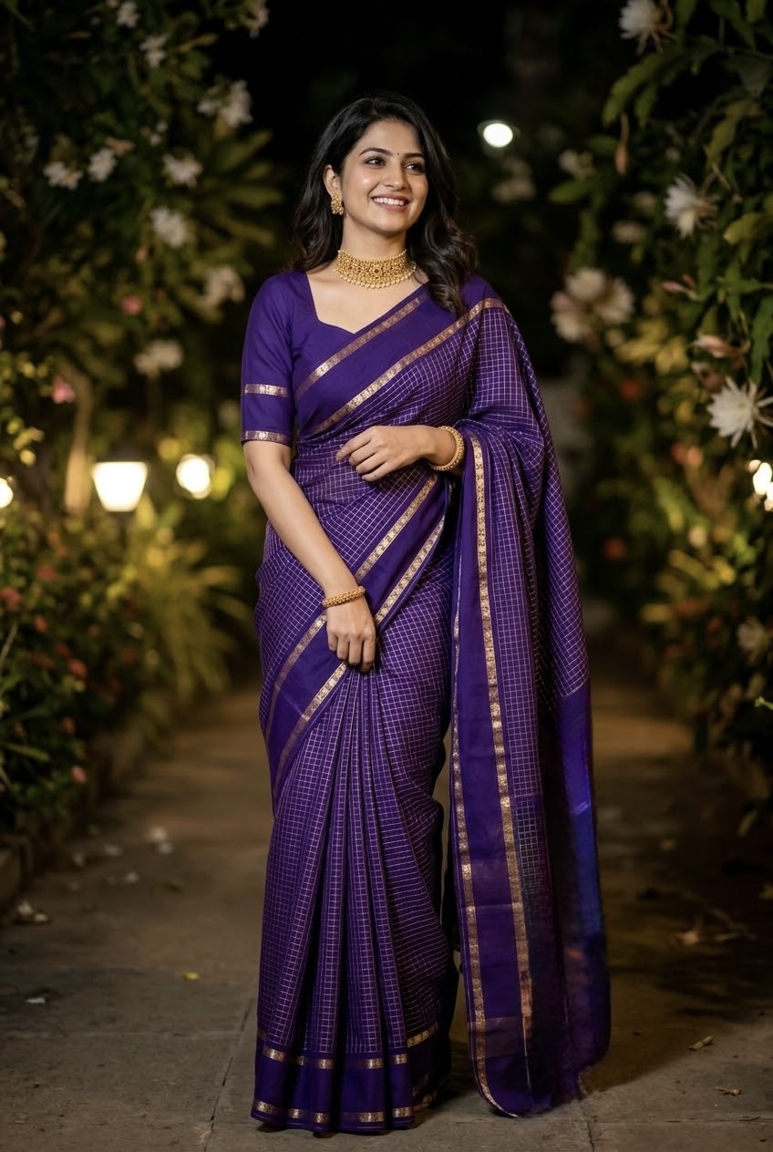Arani Checkd Cotton Silk Saree with stitched blouse