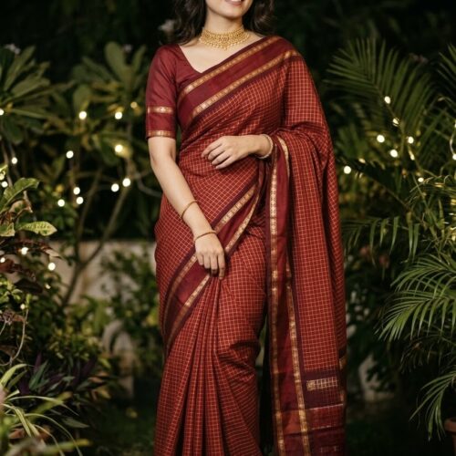 Arani Checkd Cotton Silk Saree with stitched blouse