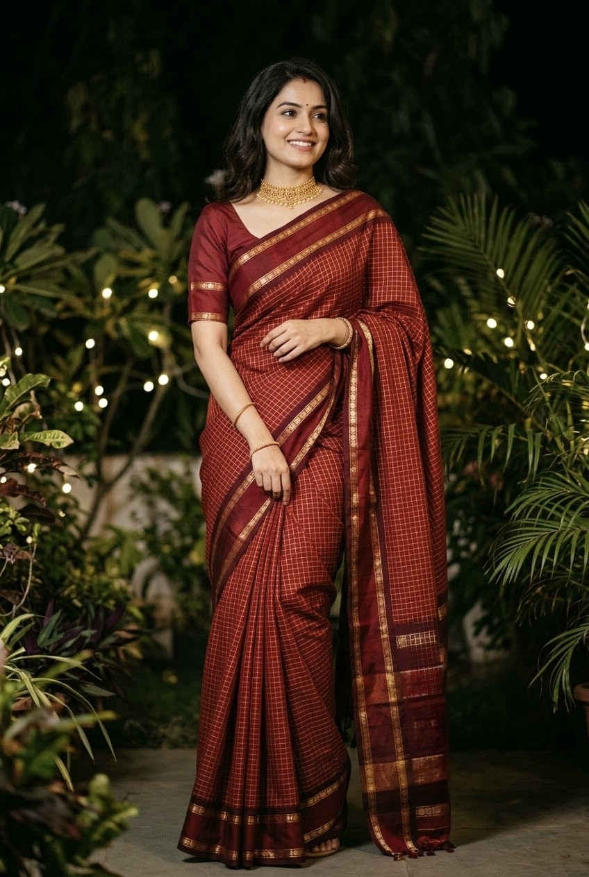 Arani Checkd Cotton Silk Saree with stitched blouse