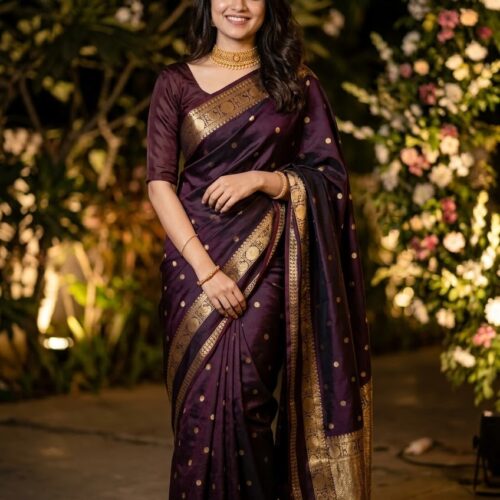 Semi Silk Saree with Stitched Blouse - Brown