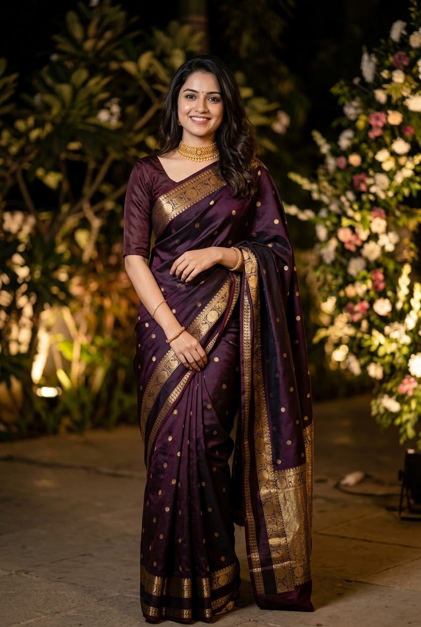 Semi Silk Saree with Stitched Blouse - Brown