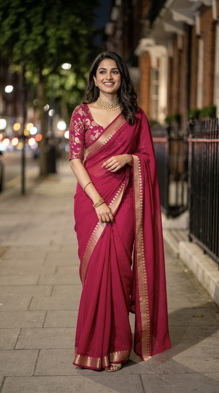 Vibrant Chinnon  Saree - With Stitched Blouse