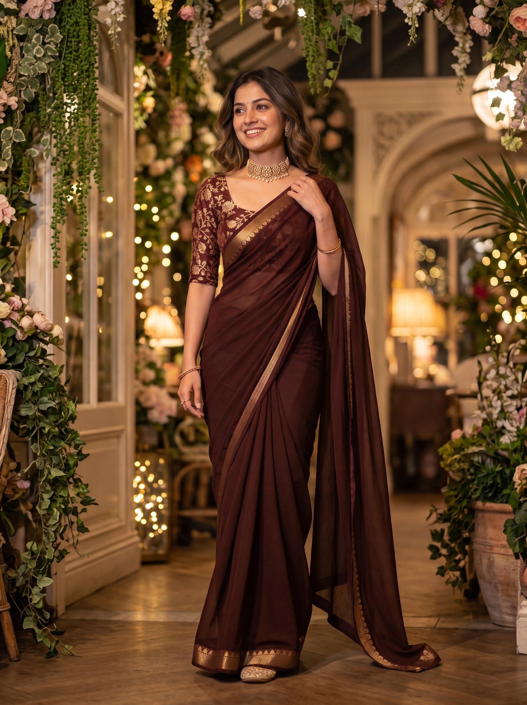 Vibrant Chinnon  Saree - With Stitched Blouse