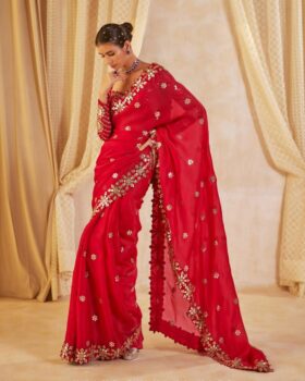Mirror Work Saree With Stitched Blouse -Red