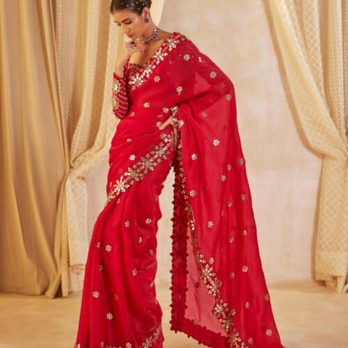 Mirror Work Saree With Stitched Blouse -Red